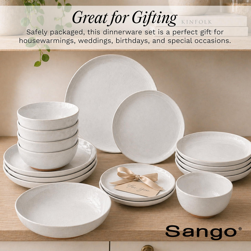 16-Piece Boho Farmhouse Stoneware Dinnerware Set for 4, Semi-Matte White Plates and Bowls Sets with Rustic Speckled