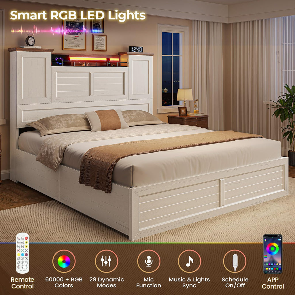 Bed Frame with Headboard and Storage Cabinets, Farmhouse Bed Frame with Charging Station and LED