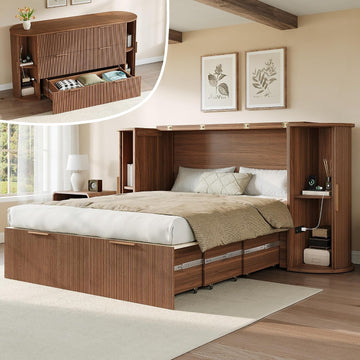 Full Murphy Bed with Storage Bedside Shelves & Sliding Tambour Door, Modern Cabinet Bed with Charging Station &