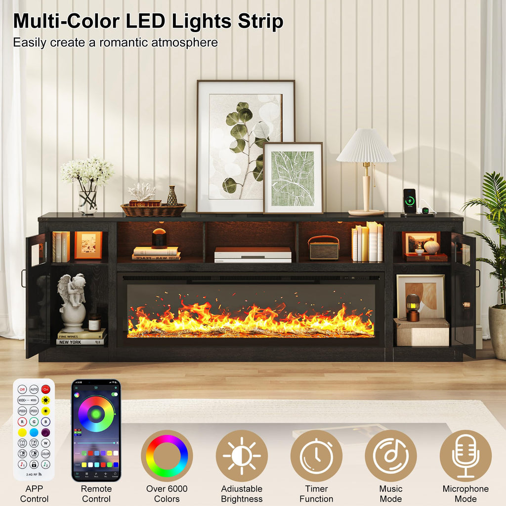 95" Fireplace TV Stand, Farmhouse Entertainment Center for 100" TV, Black