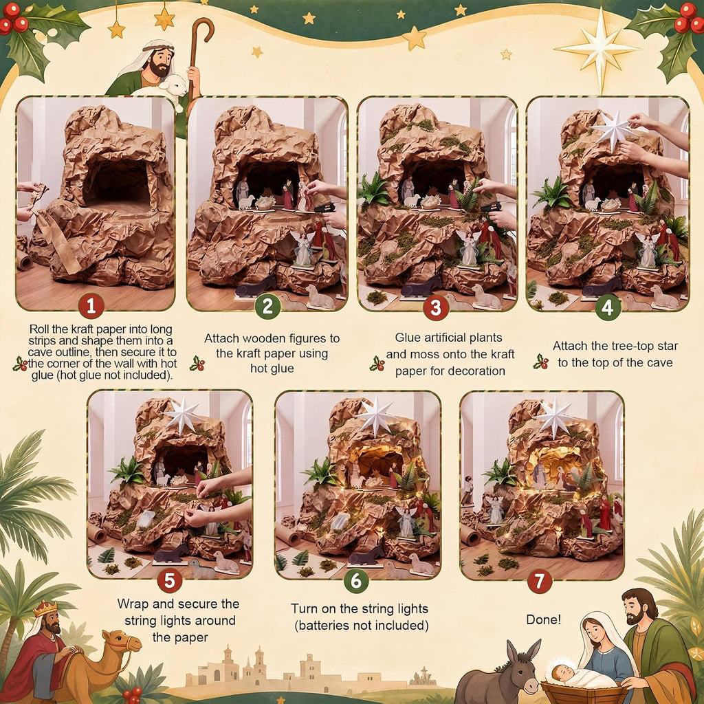 Nativity Scene Wall Decor Kit, 13 Wooden Figures with LED Lights