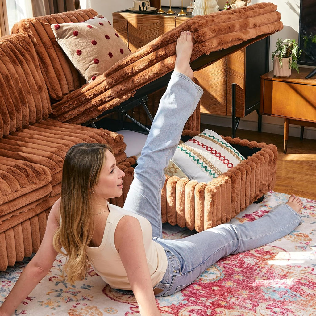 Belffin Corduroy Sleeper Sofa Bed with Storage Chaise Modular Sectional Sofa Couch with Pull Out Bed L Shaped