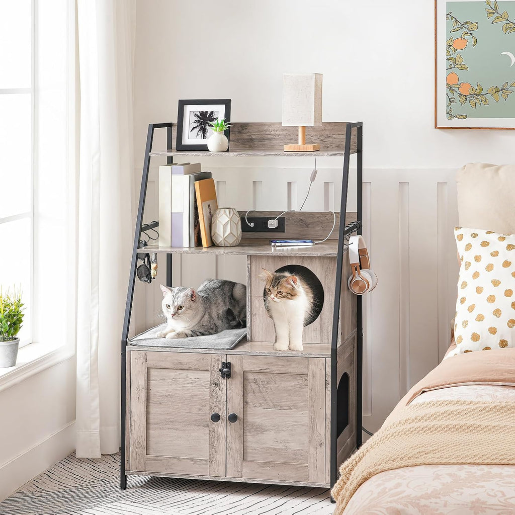 Litter Box Enclosure with 2 Storage Shelves, Tall Litter Box Furniture Hidden with Charging Station, Indoor Hidden