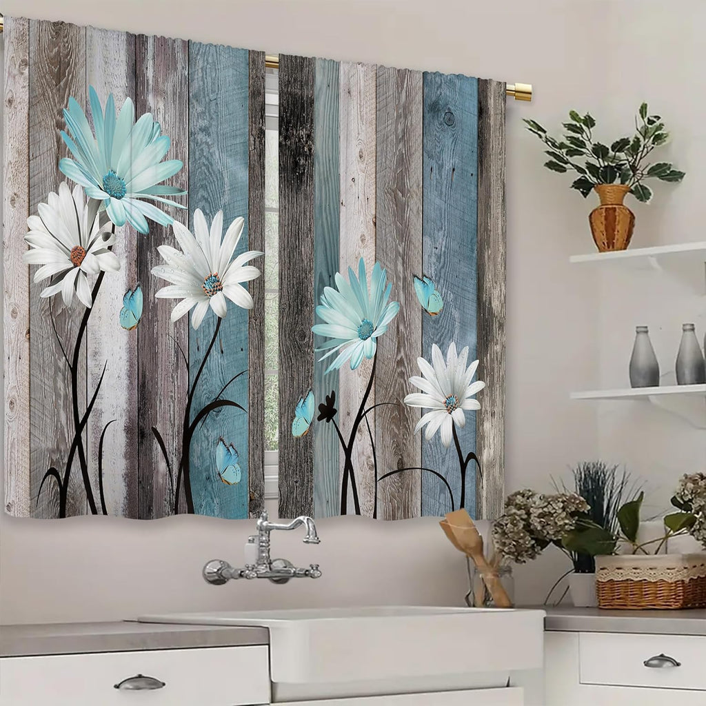 Teal Farmhouse Daisy Kitchen Curtains Wooden Flower Small Short Cafe Window Curtains Rustic Floral Butterfly Country