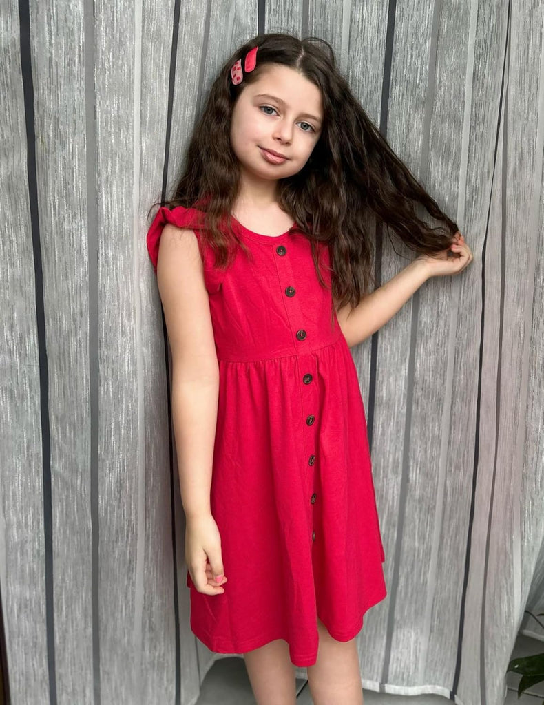 Girls Dress Flutter Sleeve Button Summer Sundress with Pockets