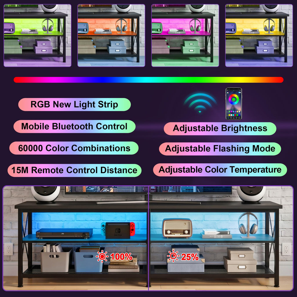 Modern 71 inch Metal TV Stand with LED Lights for 50 55 60 65 70 75 80 Inch TVs, 3 Tier Television Stands with