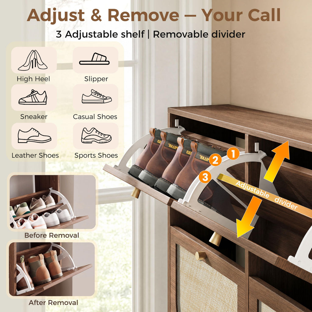 Rattan Shoe Cabinet with 4 Flip Drawers, 9.5" Narrow Shoe Rack, Boho Slim Shoe Storage Organizer with Adjustable