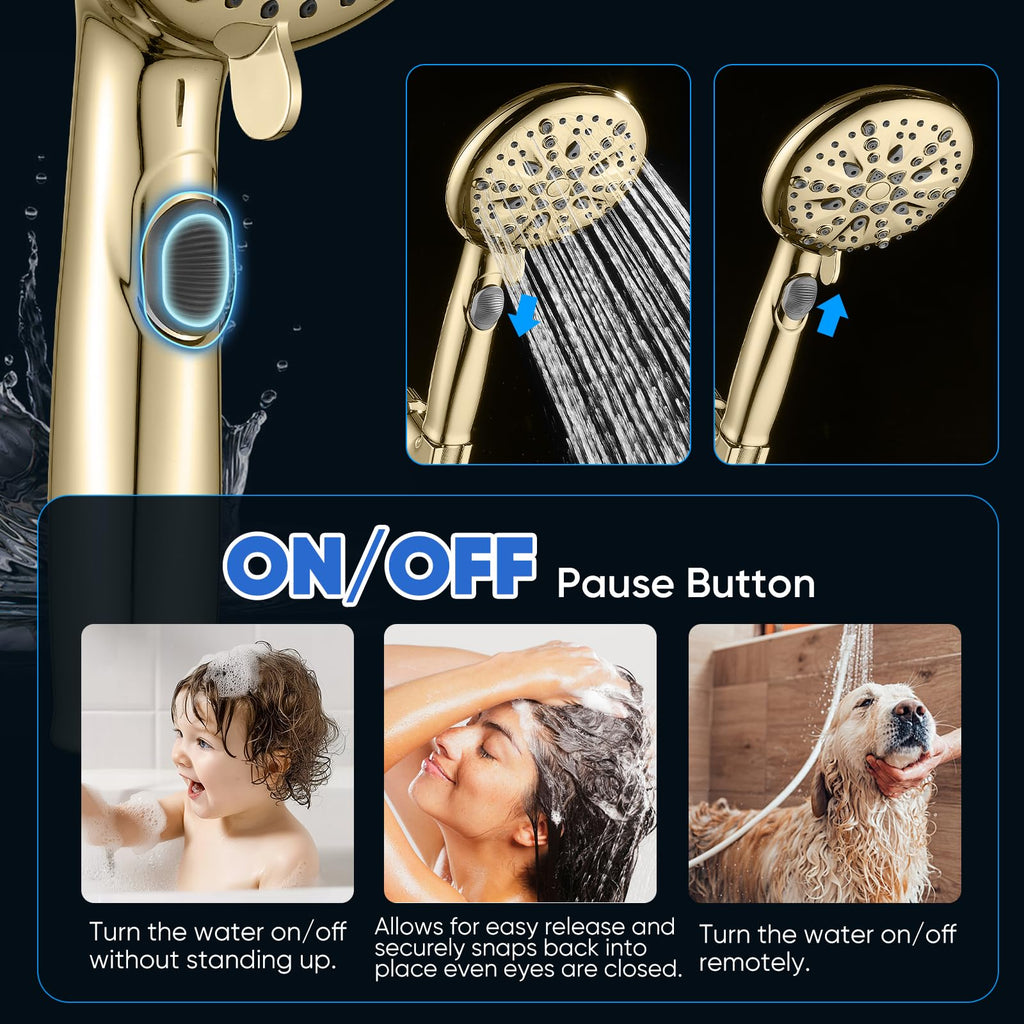 9 Spray Modes Handheld Shower Head, Water-Saving, Gold