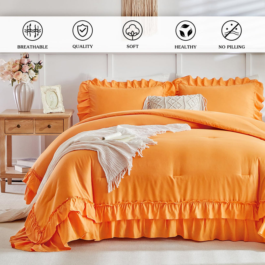 Orange Ruffle Comforter Set, 3 Pieces Vintage Farmhouse Shabby Chic Comforters, Solid Color Lightweight