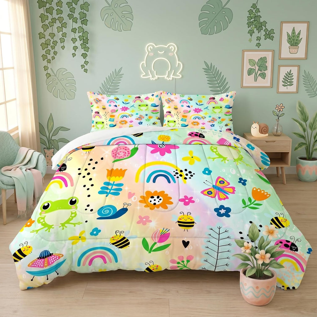 Rainbow Comforter Sets Twin Cartoon Floral Frogs Bedding Set for Girls Kids Children Boys Butterfly Flowers Bees