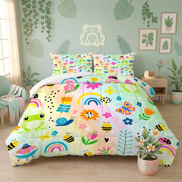 Rainbow Comforter Sets Twin Cartoon Floral Frogs Bedding Set for Girls Kids Children Boys Butterfly Flowers Bees