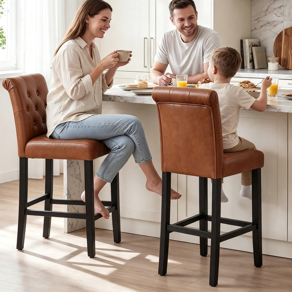 Counter Height Barstools Fabric Upholstered Counter Stool with Rubber Wood Legs Bar Chair Island (Brown, Set of 4)