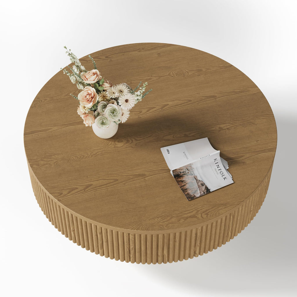31.5" Round Fluted Coffee Table, Modern Wood Circle Coffee Table, Veneer Handcrafted Relief Tea Table with Sturdy
