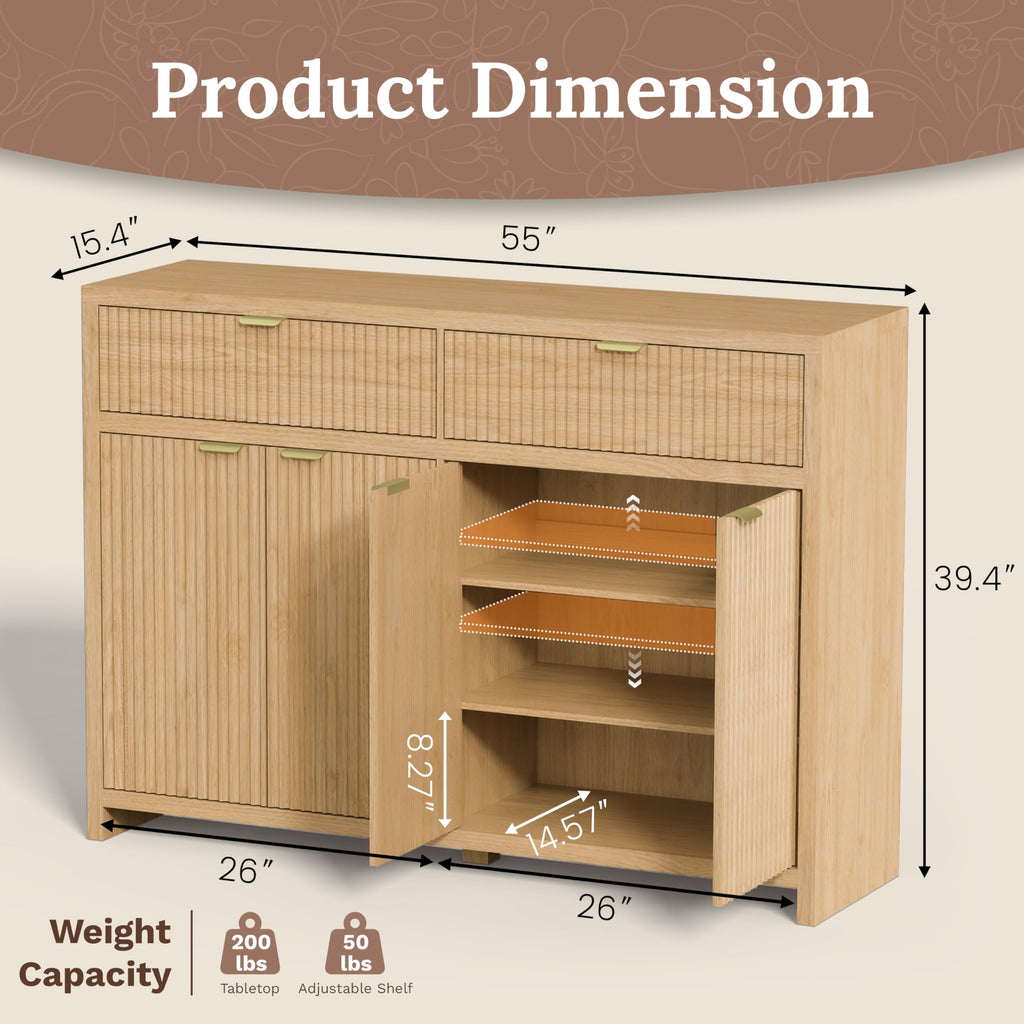 55" Fluted Sideboard Buffet Cabinet with Storage, Modern Credenza Oak
