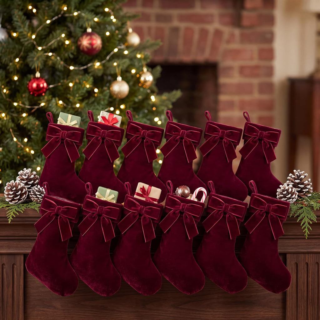 Christmas Mini Stockings 9 Inches Burgundy Velvet Stocking with Bow - Set of 12