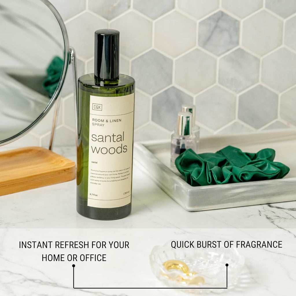 Premium Santal Woods Room Spray - Long-Lasting Air Freshener - Natural Essential Oil Linen & Pillow Spray - Odor