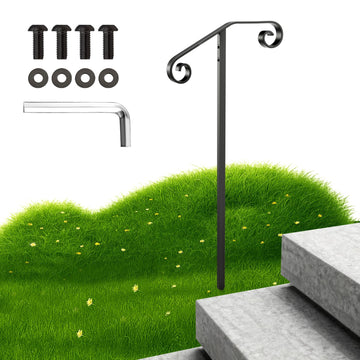 Single Post Handrail, 1 or 2 Steps Handrails for Outdoor Steps, Rust-Proof Wrought Iron Stair Railing in Ground for