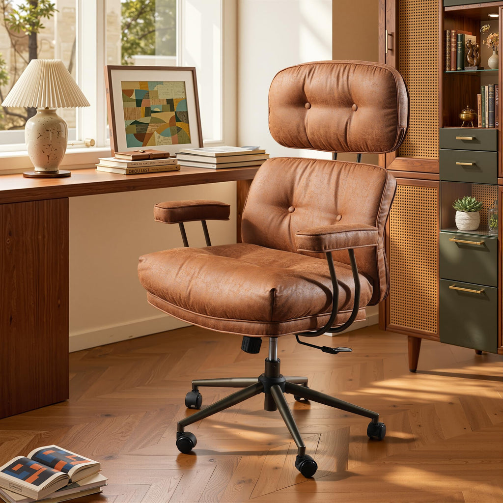 Mid-Century Modern Ergonomic Office Chair, Extra Wide Comfy Executive Chair with Lumbar Support, Suede Leather Light