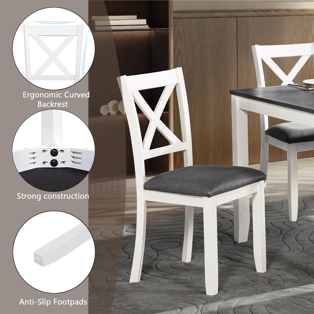 Modern 7-Piece Dining Set, 58.5" Solid Wood Table & 6 Padded X-Back Style Chairs, Grey & White Two-Toned /Dining Room