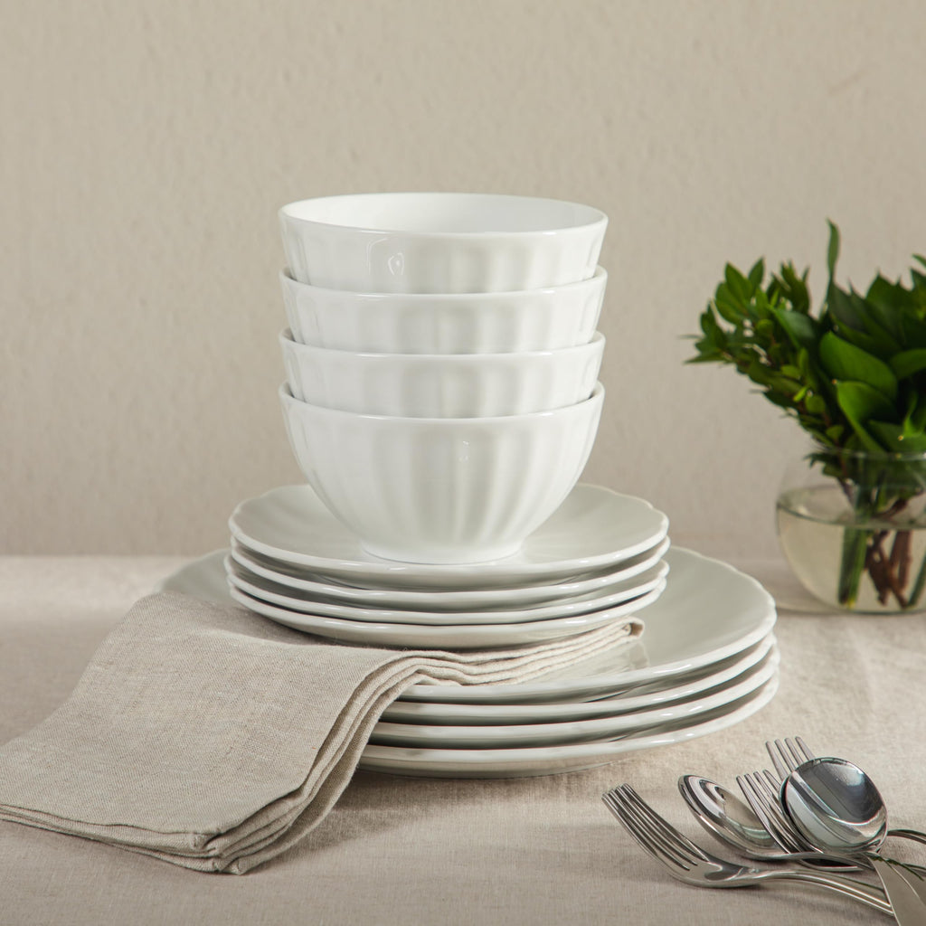 Plates and Bowls Set, 12 Piece Dinnerware Set for 4, White