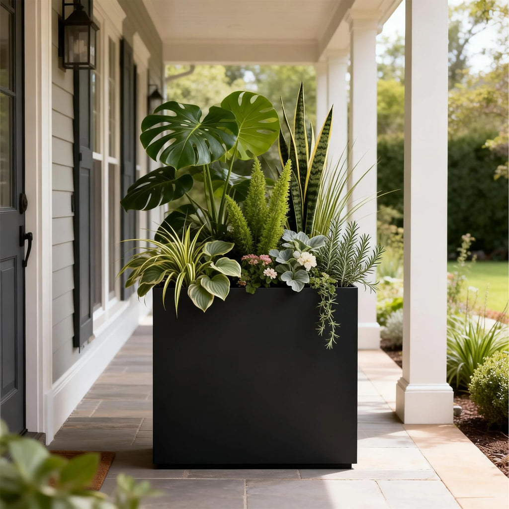 28" Galvanized Steel Planter Box, Outdoor Rectangular Tall Metal Planter with Insert Shelf & Drainage Holes, Matte