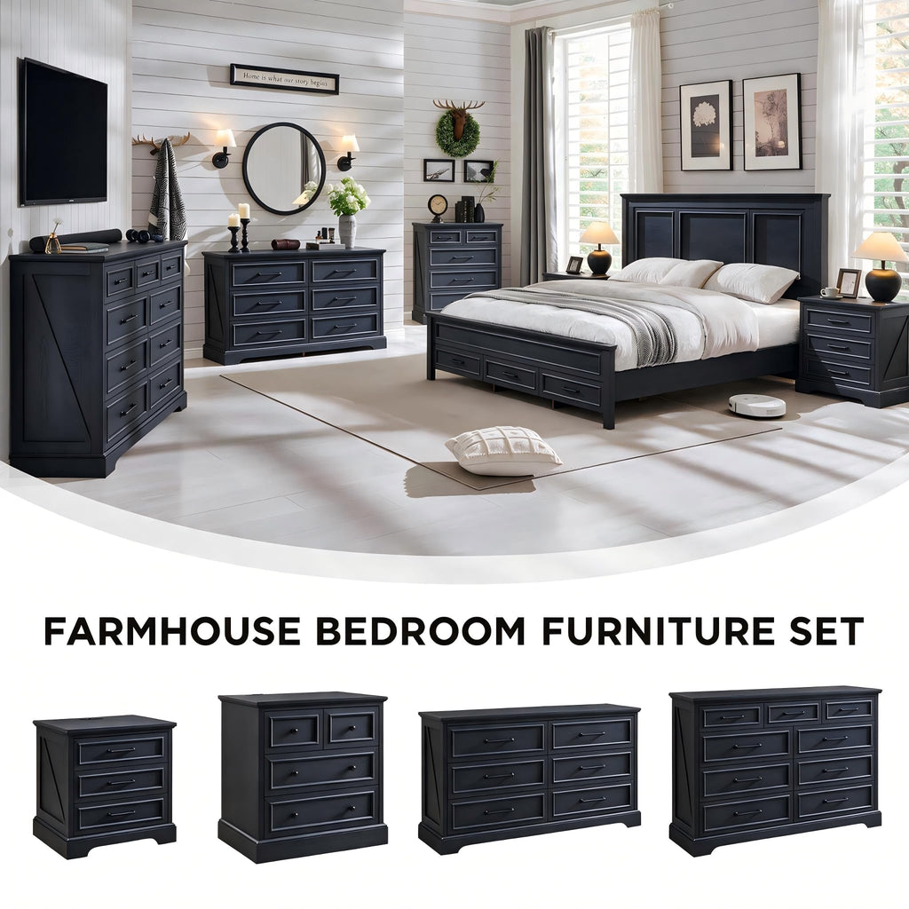 52" Wide Farmhouse 6 Drawer Dresser, Black