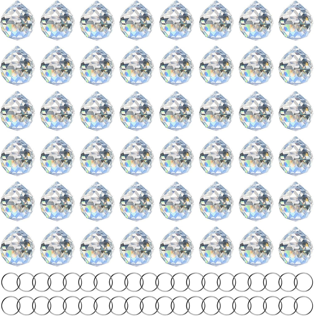 Clear Crystal Sun Catcher Suncatcher Prism Ball with Metal Rings - 48 Pack, 1.18"/ 30mm, Rainbow Pendant Maker