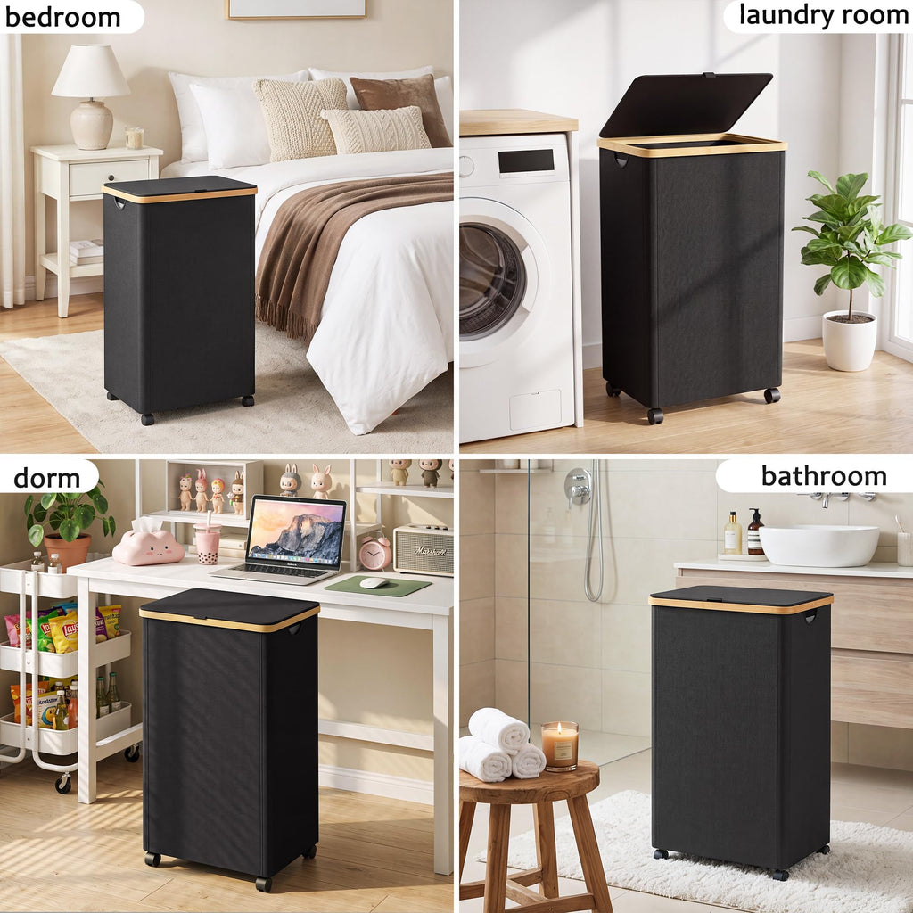100L Laundry Basket with Wheels and Lid, Rolling Laundry Hamper with Bamboo Handles and Removable Bag, Dirty Clothes