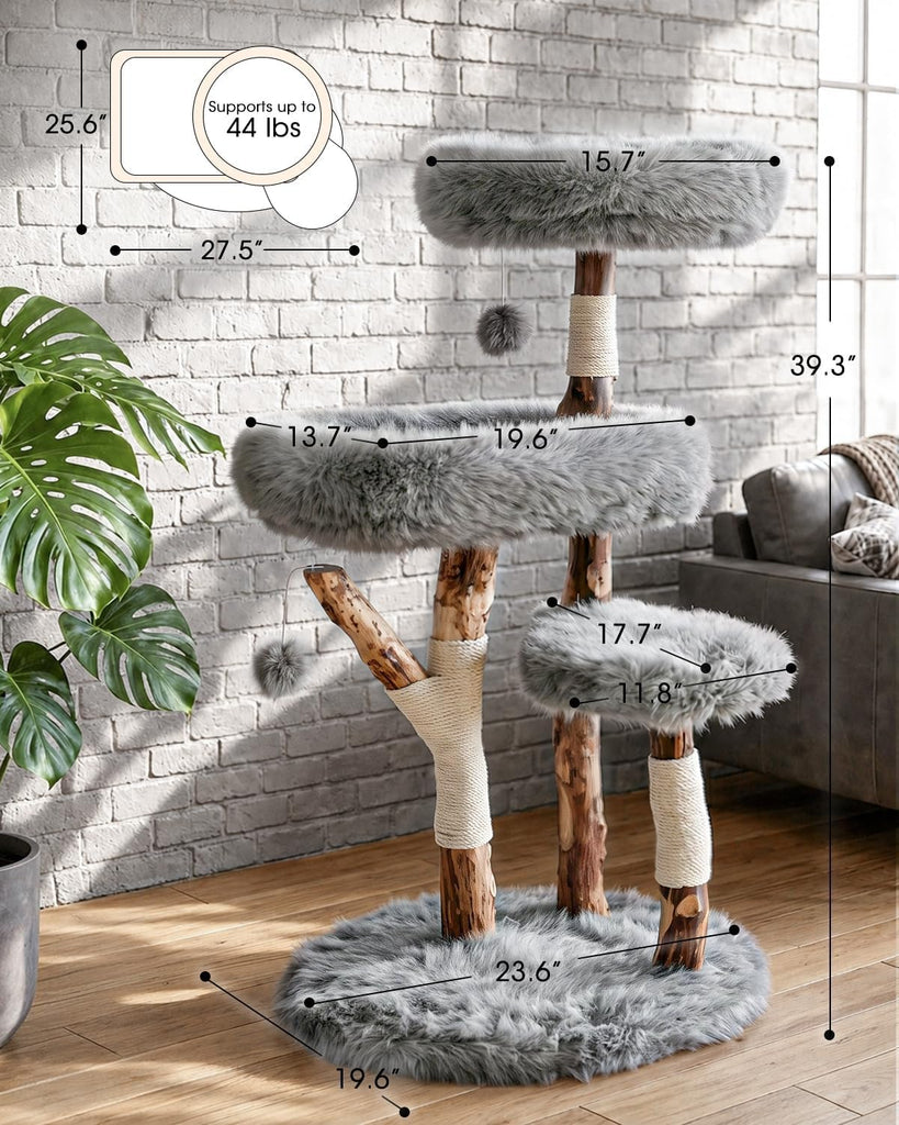 Solid Wood Cat Tree, Boho Modern Cat Tree Tower with Real Branch