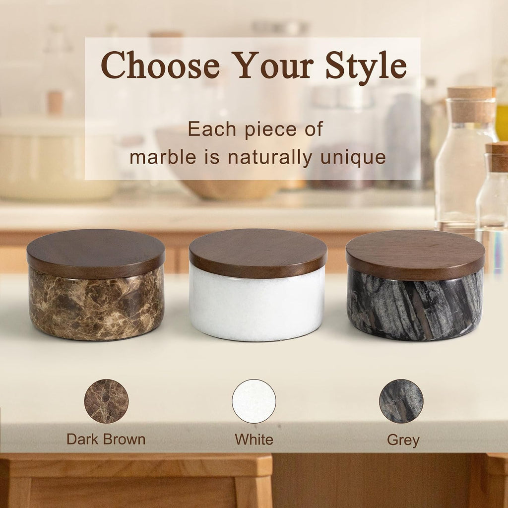 Marble Salt Cellar with Acacia Wood Lid & Spoon Brown 4" salt container