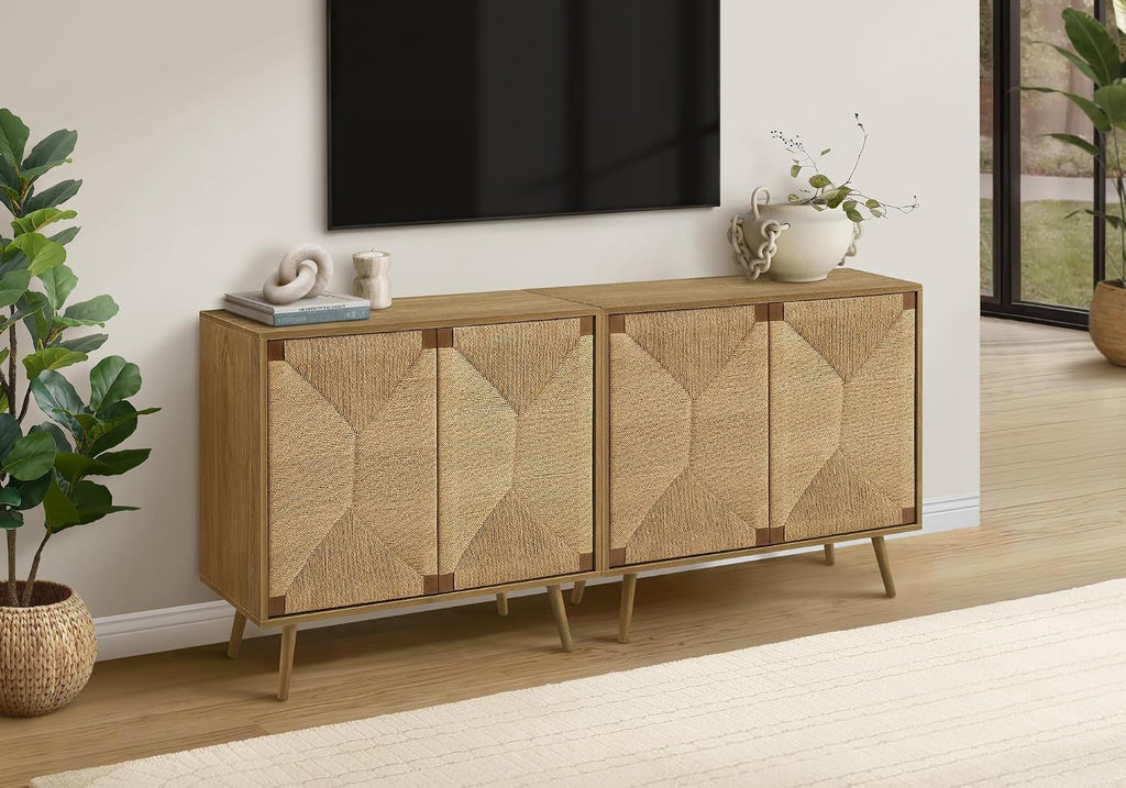 I 2729 Accent Chest, 36" Wide, 2 Door Cabinet, Storage, Decorative, Light Walnut Laminate, Seagrass-Look, Mid Century