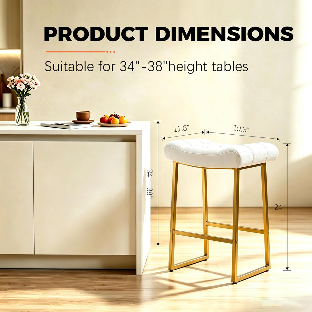 White & Gold Counter Height Bar Stools Set of 3 Counter Backless Kitchen Island Barstools with Upholstered Faux