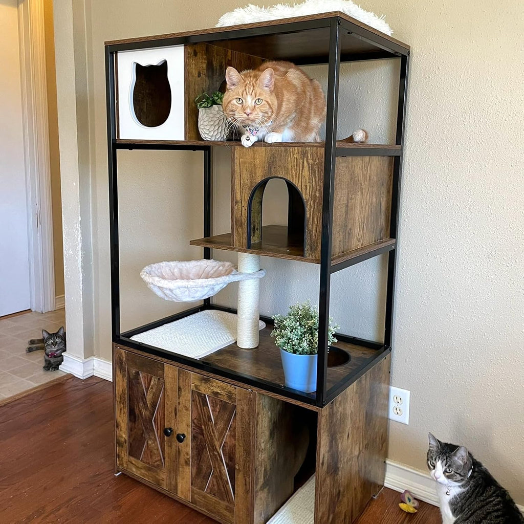 Cat Litter Box Furniture Enclosure 4 Levels Cat Tree Hidden Cabinet with Storage and Scratch, 4 Tiers
