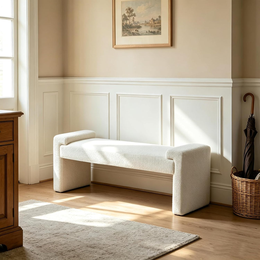 Upholstered Entryway Bench, 43" Modern Bedroom Bench, White | Sherpa Fleece, Curved Armrests, Solid Wood Frame, End