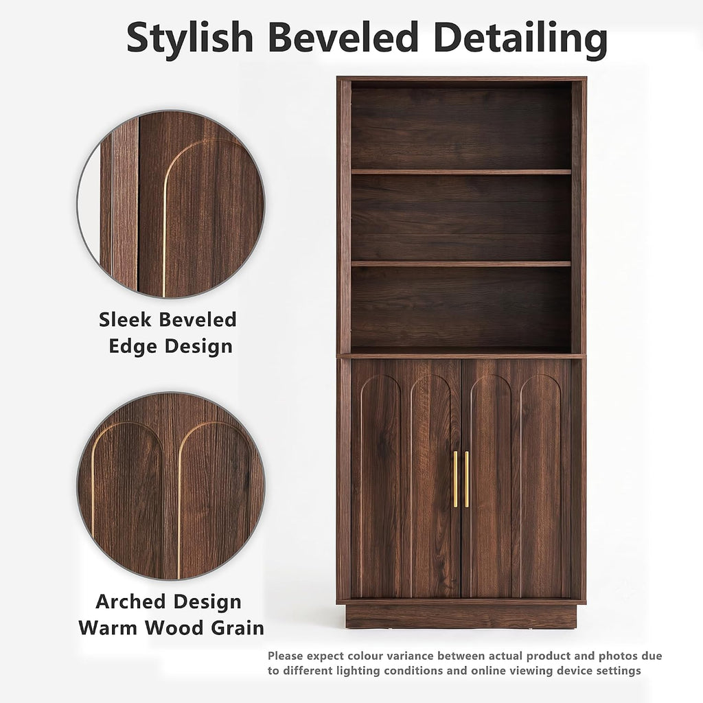 71" Tall Bookcase, 3-Tier Bookshelf with Storage, Walnut | Mid Century Modern Wood Storage Cabinet, Minimalist Arched