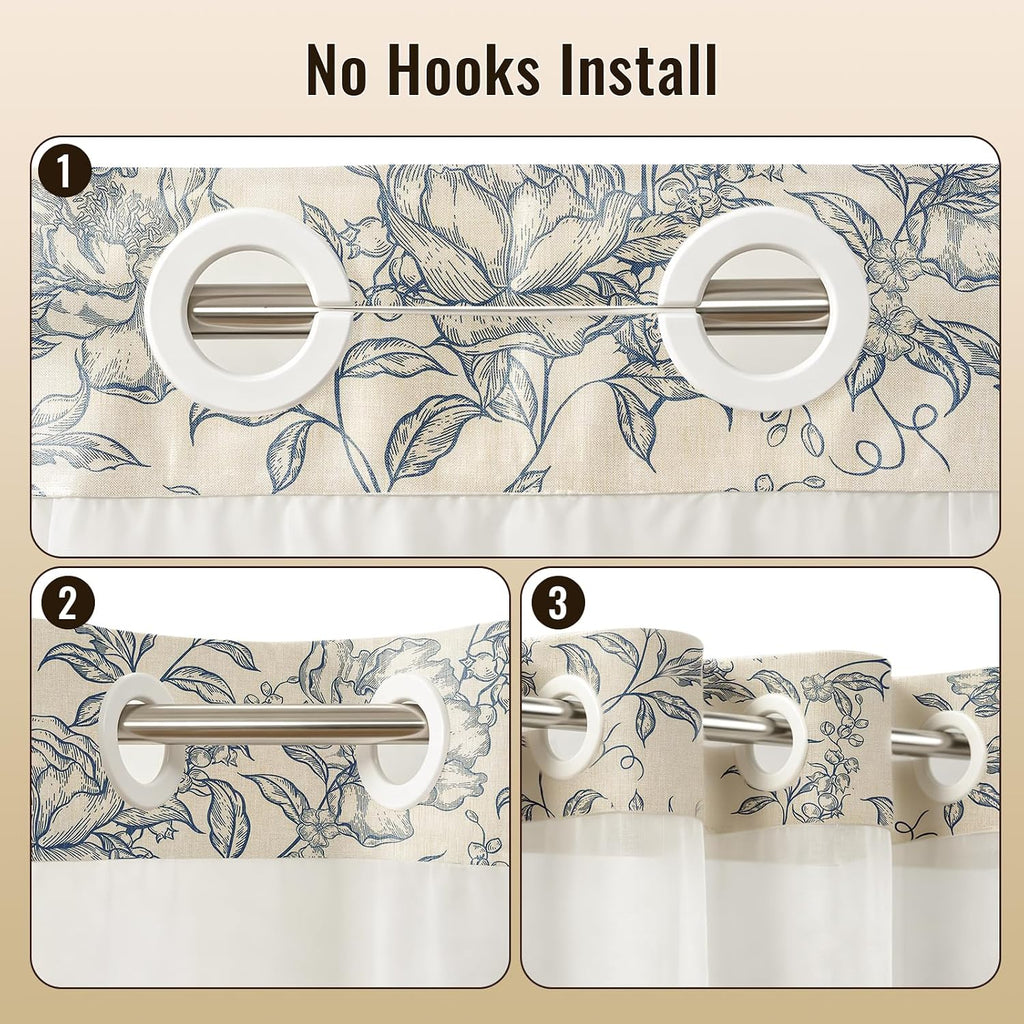 Vintage Blue Floral No Hook Shower Curtain Set with Snap-in Liner 72"x75" | Farmhouse Fabric 2 in 1 Shower Curtain