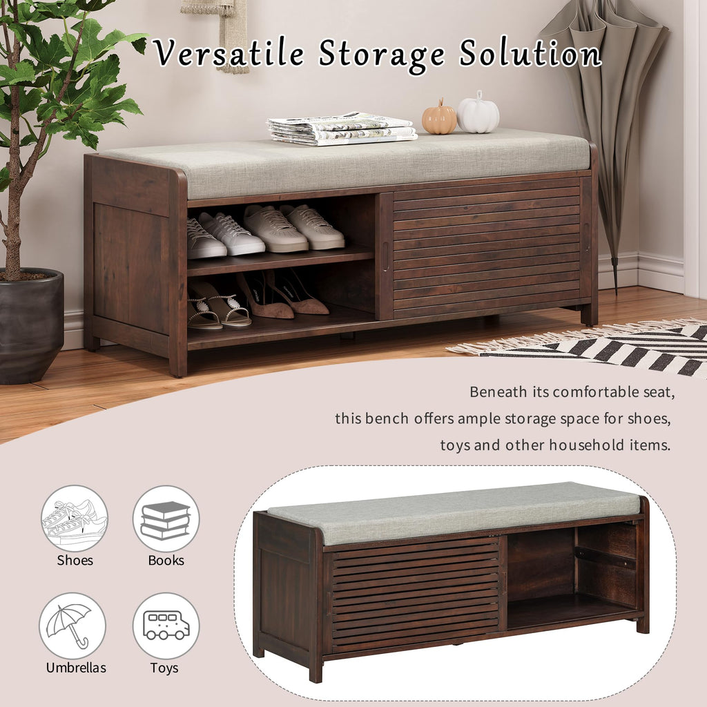 Shoe Bench with Storage and Cushion, Farmhouse Distressed Shutter Storage Bench with Retro Charm, Espresso