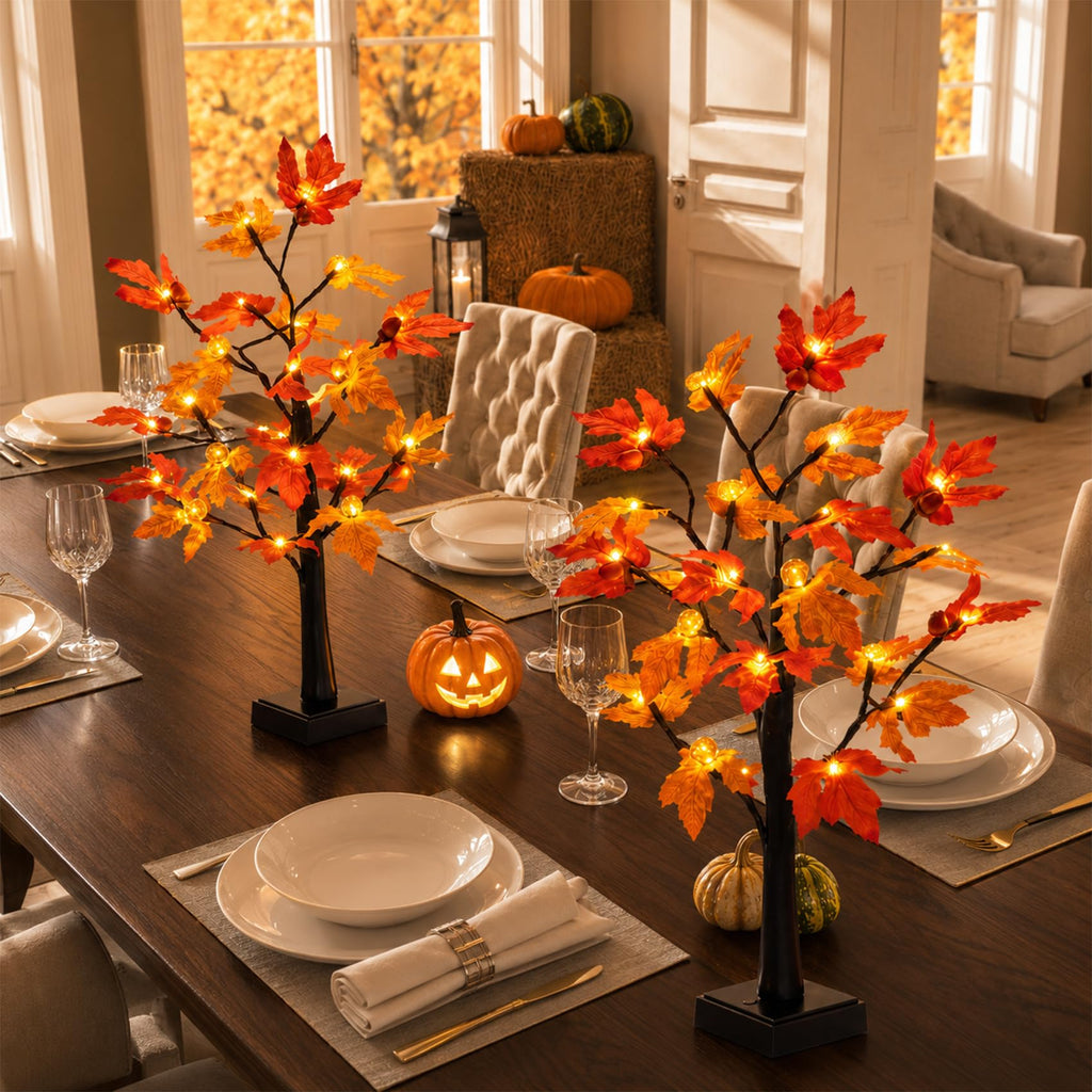 Fall Decor 2 Pack 24 Inch Maple Tree Lights - 48 LED Autumn Decorations with Pumpkins & Acorns, Timer, USB & Battery