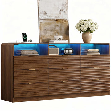 63'' Wide Fluted 9 Drawers Dresser with 3 Cubbies, LED Dressers & Chests of Drawers with Power Outlet, Modern Fluted
