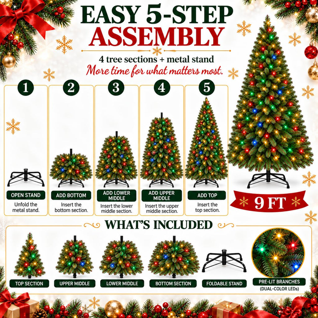 Full Prelit Christmas Tree 9FT, 800 Dual-Color LEDs, 2468 Tips