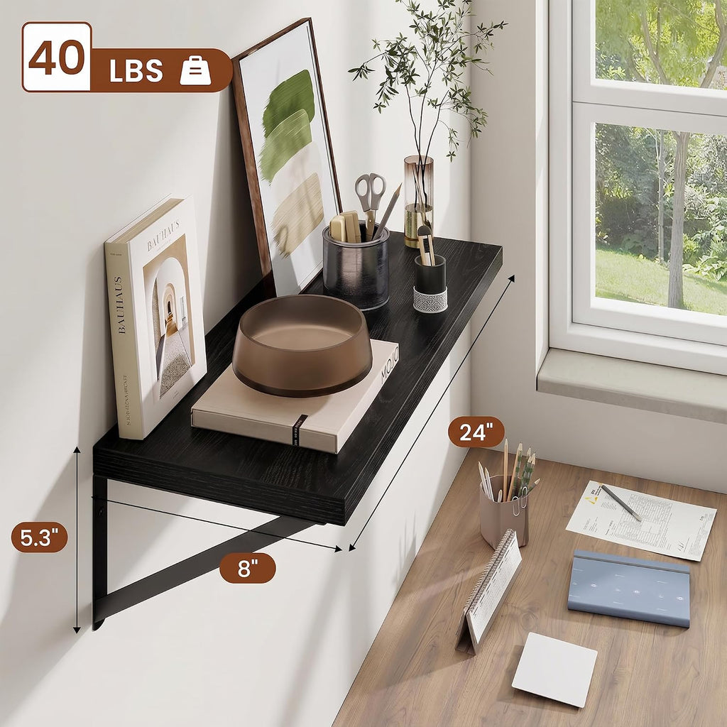 Deep Wall Shelves 24"W x 8"D Engineered Wood Floating Shelves for Wall, Sturdy Metal Bracket Bookshelves Home Decor