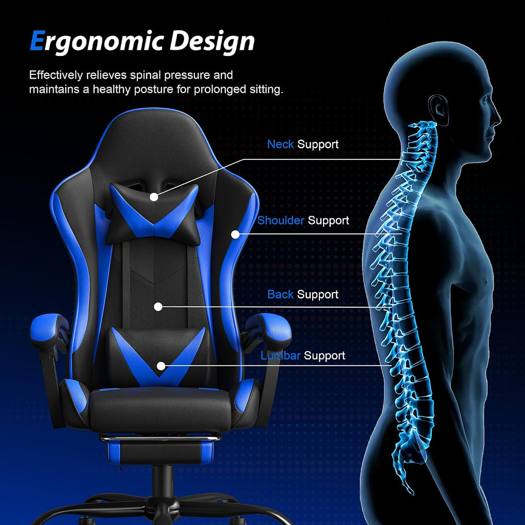 Gaming Chair, Ergonomic Computer Chair with Footrest Lumbar Support, Blue | 400 lbs Adult Chair, High Back, Height