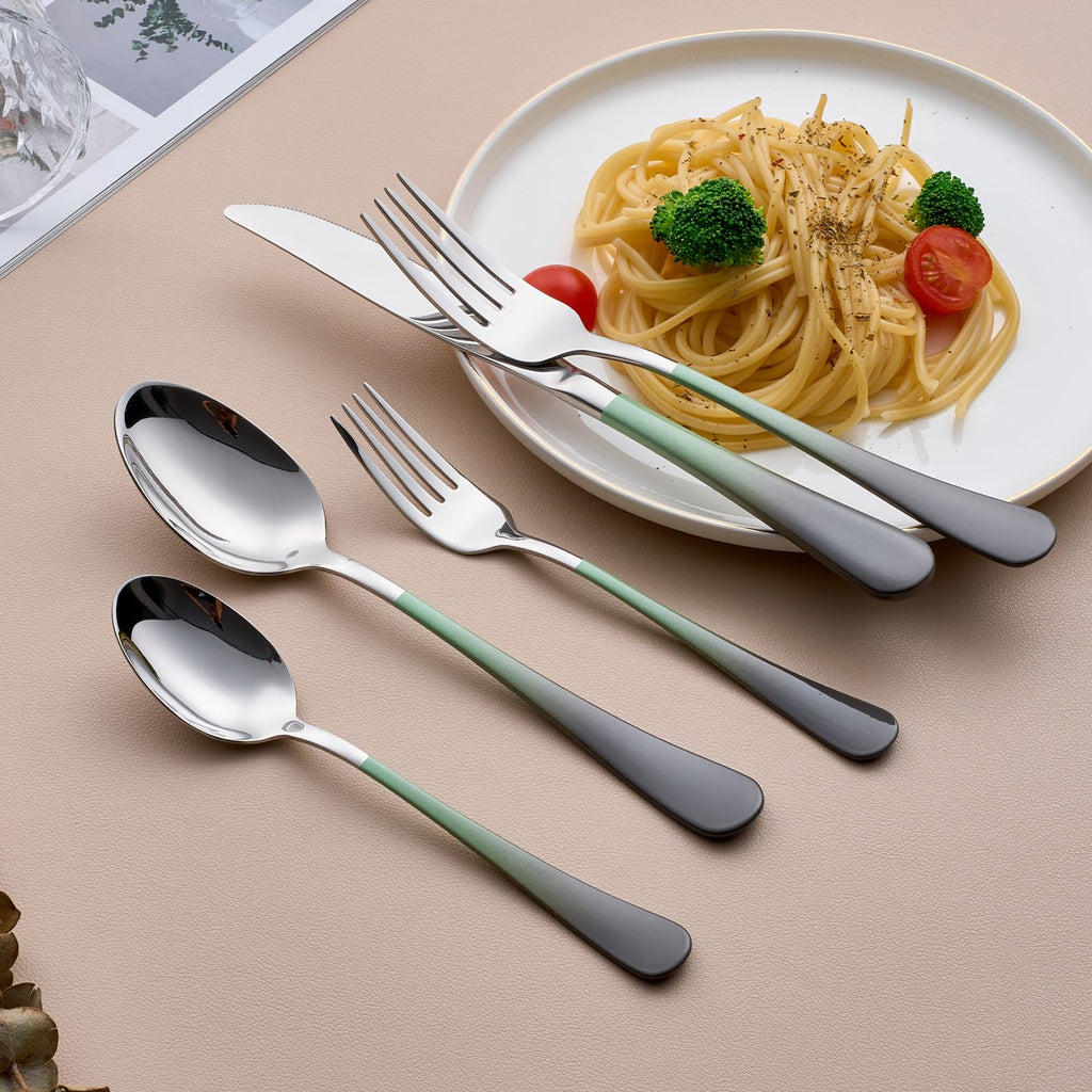 20-Piece Green and Gray Silverware Set for 4, 18/0 Stainless Steel Flatware Cutlery Utensils Set, Include Dinner