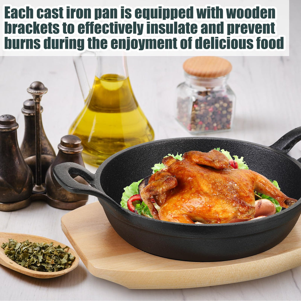 4 Sets Mini Cast Iron Skillet with Wood Base Round, 5.5 Inch