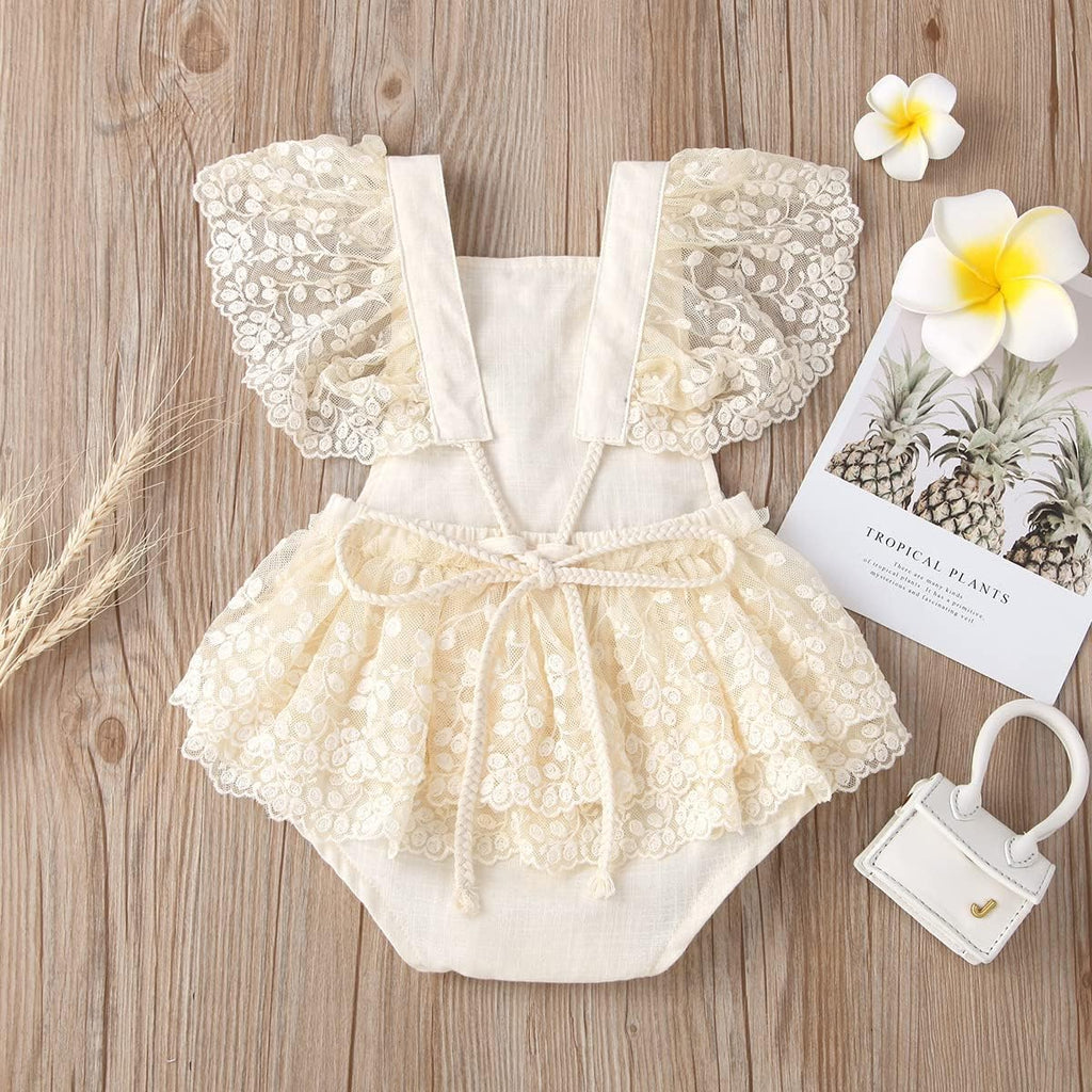 Baby Girl Lace Romper Delicate Embroidery Backless Bodysuit with Flower Headband 2pcs Cake Smash Outfit...