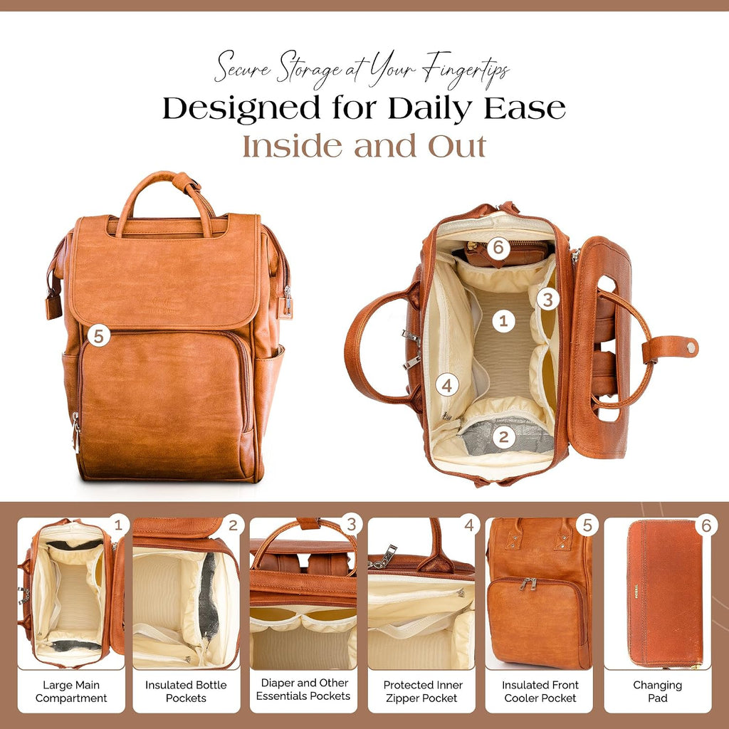 Collective Explorer Brown Diaper Bag Backpack - Vegan Leather Diaper Bag with Shoulder Strap, Insulated Bottle