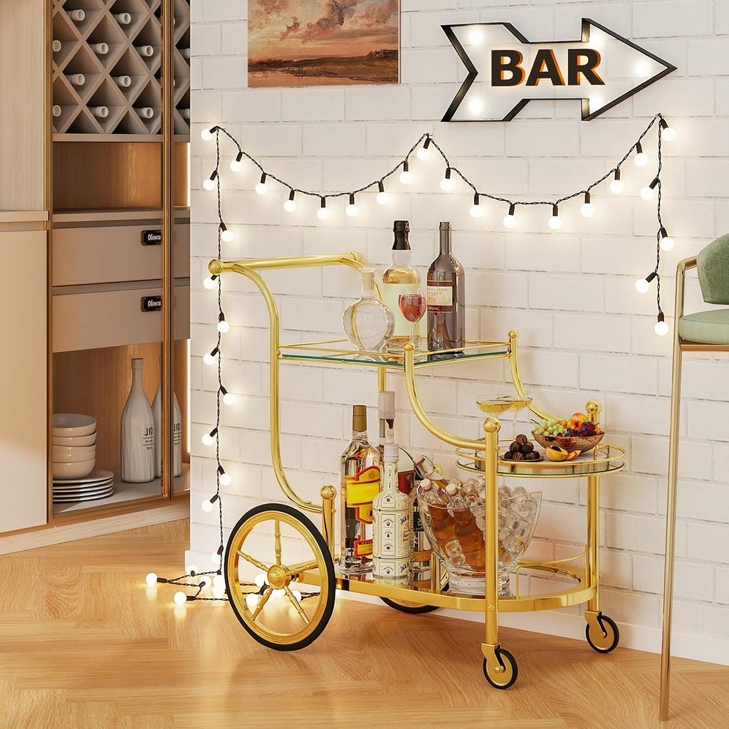 Rolling Serving Cart, 3-Tier Metal Bar Cart with Tempered Glass, 4 Wheels Tea Serving Bar Cart , Gold