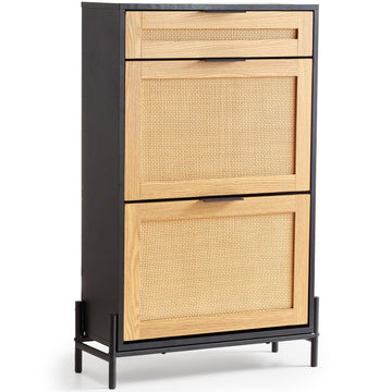 Rattan Shoe Cabinet, Narrow Shoe Storage Organizer with 2 Flip Rattan Drawers & 1 Slide Drawer, Metal Legs, Slim Shoe