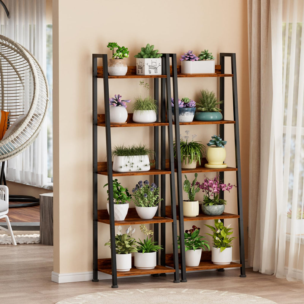 Ladder Shelf, 5 Tier Bookshelf with Fabric Drawer, Rustic Brown