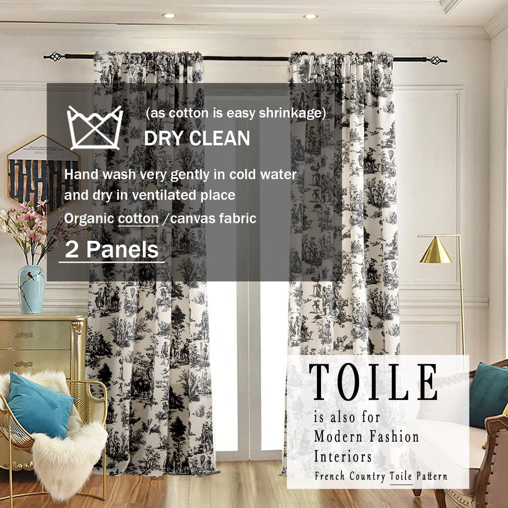 Black Curtains 84 Inches Long Patterned Print Semi Blackout Farmhouse Modern Toile Pattern on Cream White Cotton